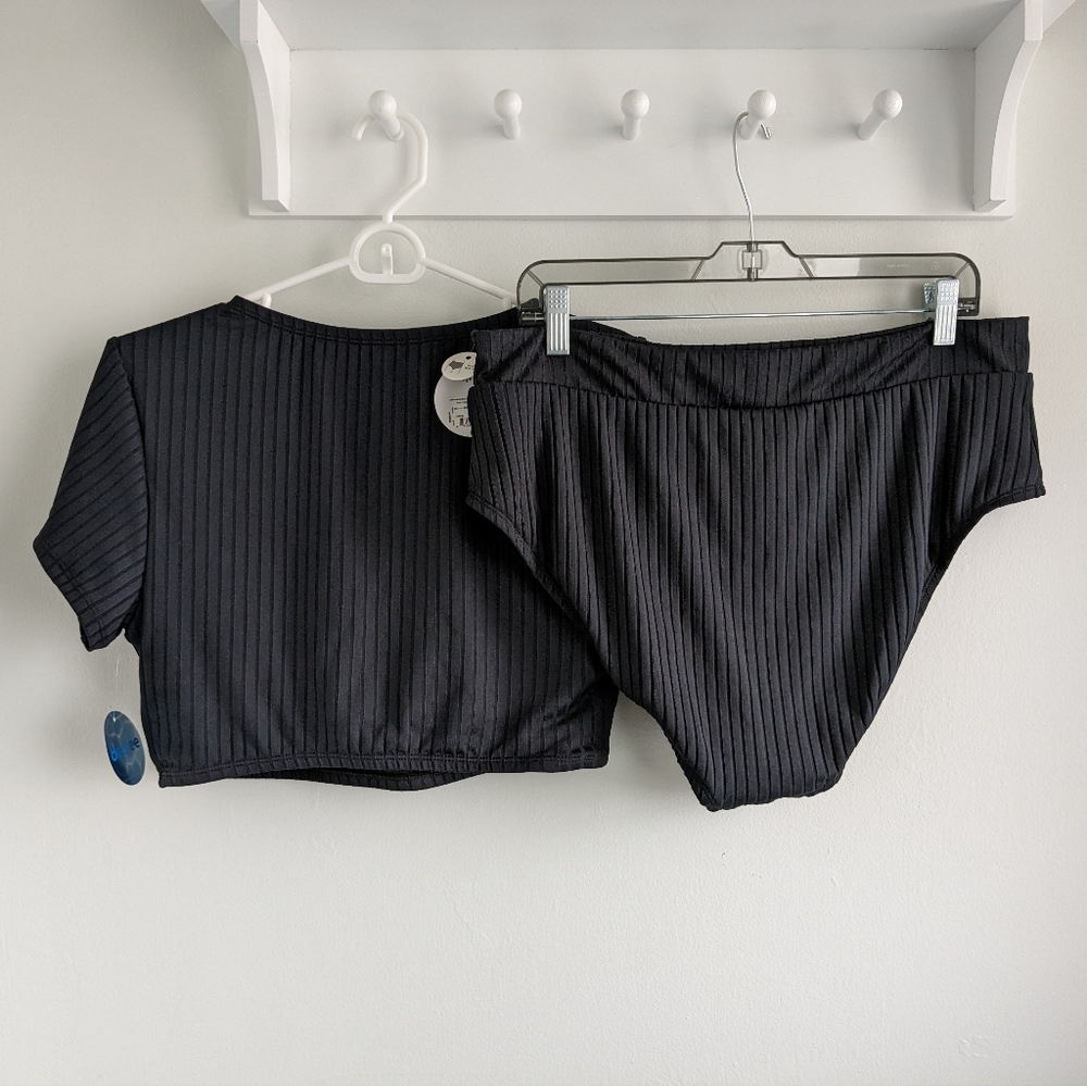 NWT Decree 2-Piece Ribbed Swimsuit - Short Sleeve Crop Top, High Waisted Bottom - Picture 3 of 7